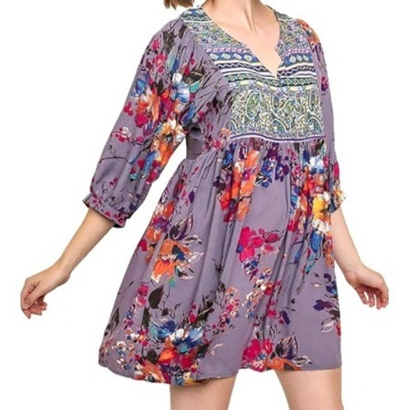 Umgee USA Dresses & Skirts - UMGEE Women's Small‎ Purple Boho Floral Print V Neck 3/4 Sleeve Mini Dress Tunic